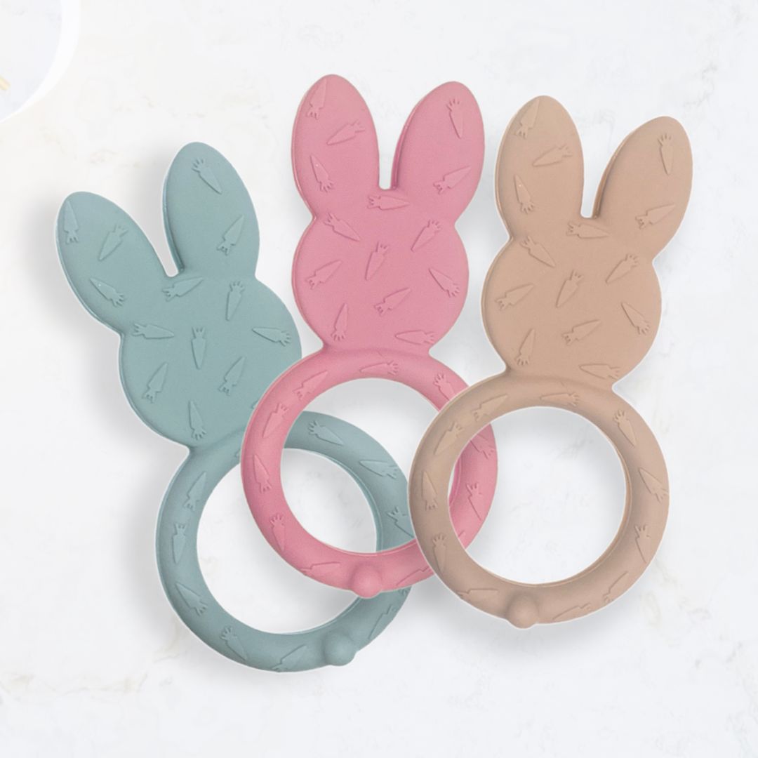 Bunny Teething Ring #color_dusty teal,dusty rose,caramel