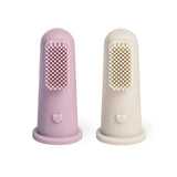 Two baby silicone finger toothbrush, one pink and one beige, on a white background. #color_lavender/cream