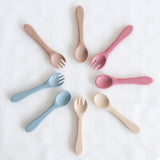 Infant Spoon and Fork Silicone #color_caramel,dusty teal,almond,dusty rose