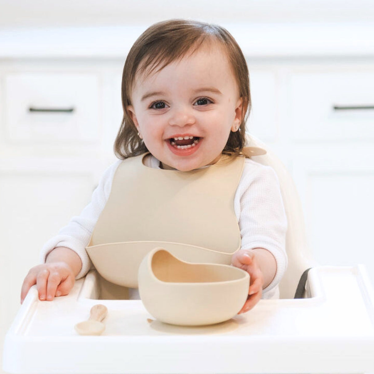 Silicone Bib and Bowl Set with Spoon, Almond #color_almond