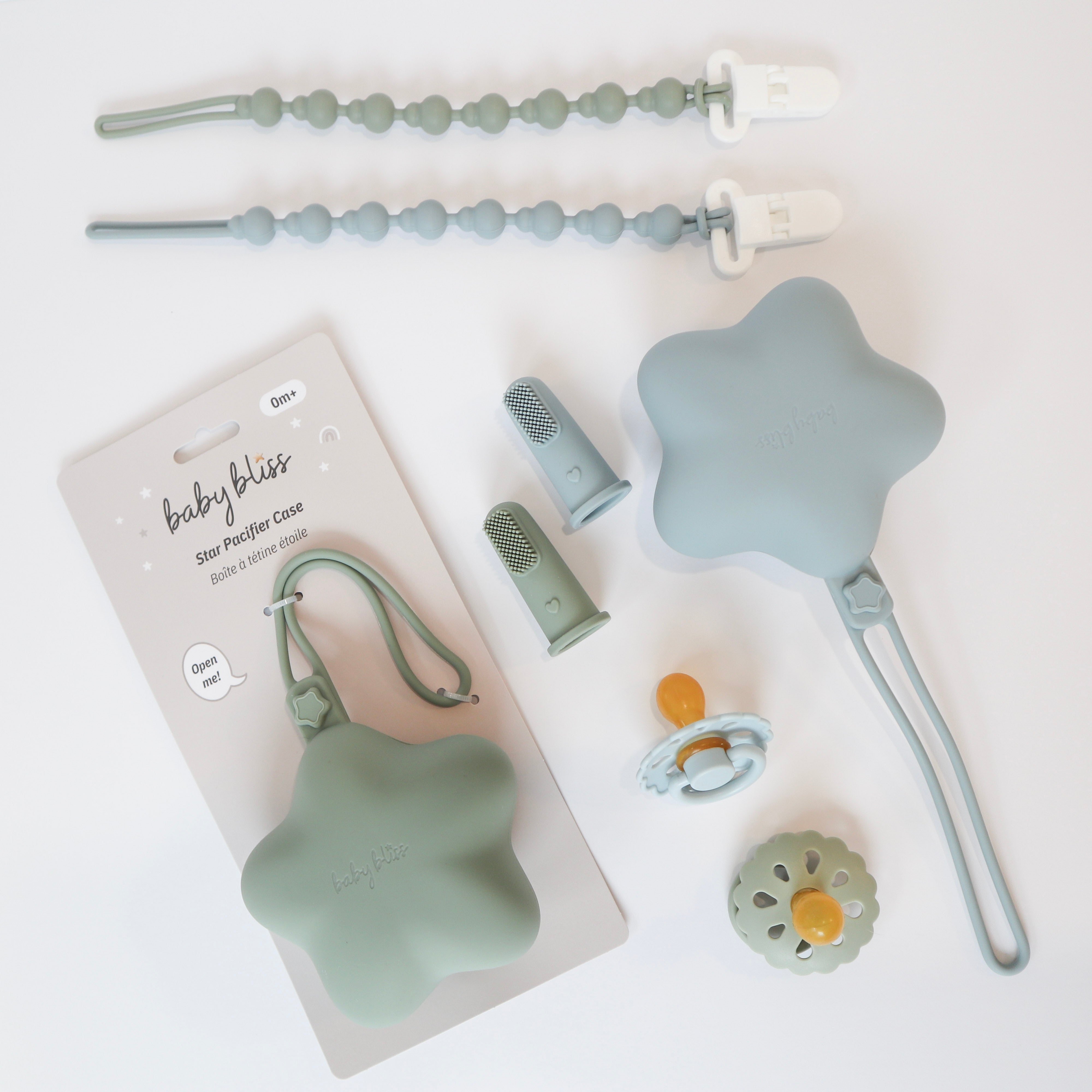 Finger Toothbrush, Pacifier, Pacifier Case, Soothers, Green and Blue #color_dusty teal/sage