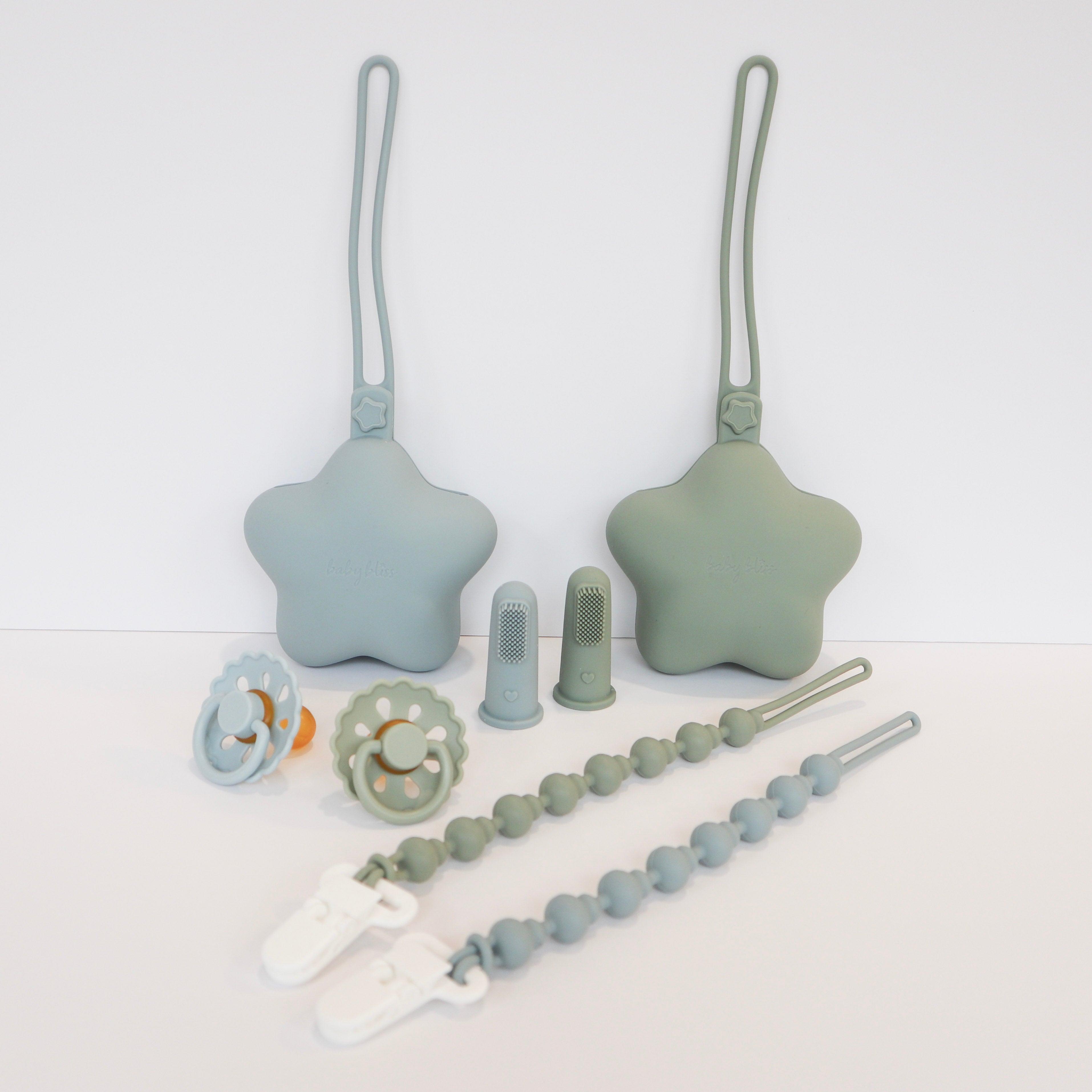 Finger Toothbrush, Pacifier Straps, Pacifier Case, Soothers, Green and Blue #color_dusty teal/sage
