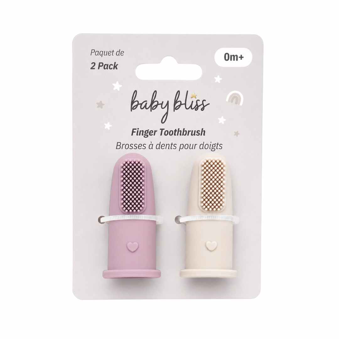 Two baby silicone finger toothbrush, one pink and one beige #color_lavender/cream