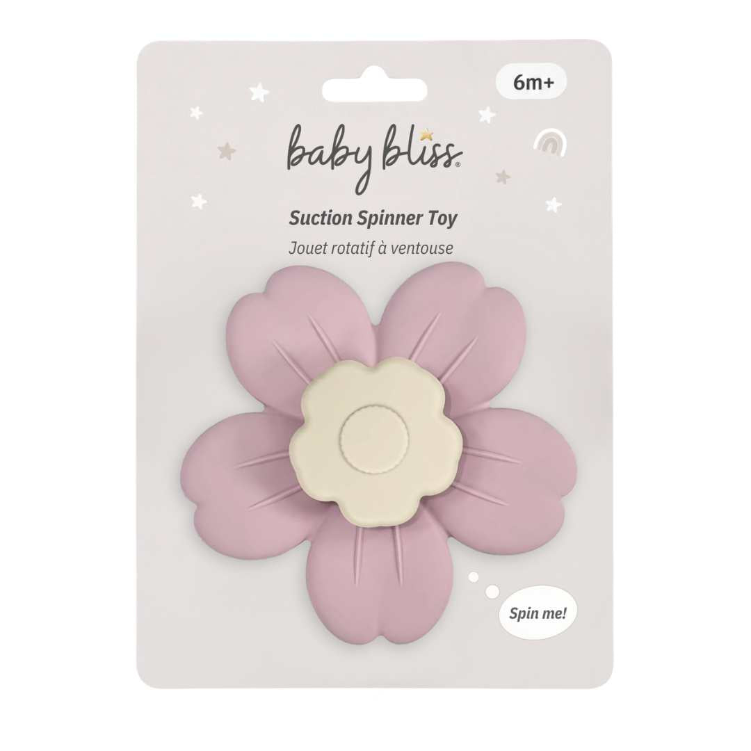 Baby bliss suction spinner toy in a dusty pink flower shape with a cream-colored center, packaged on a light gray card.