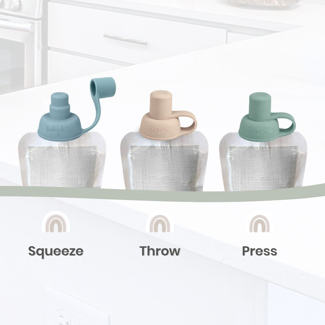 No Spill Food Pouch Toppers, Blue and Green #color_sage/dusty teal/almond,dusty rose/dusty pink/almond