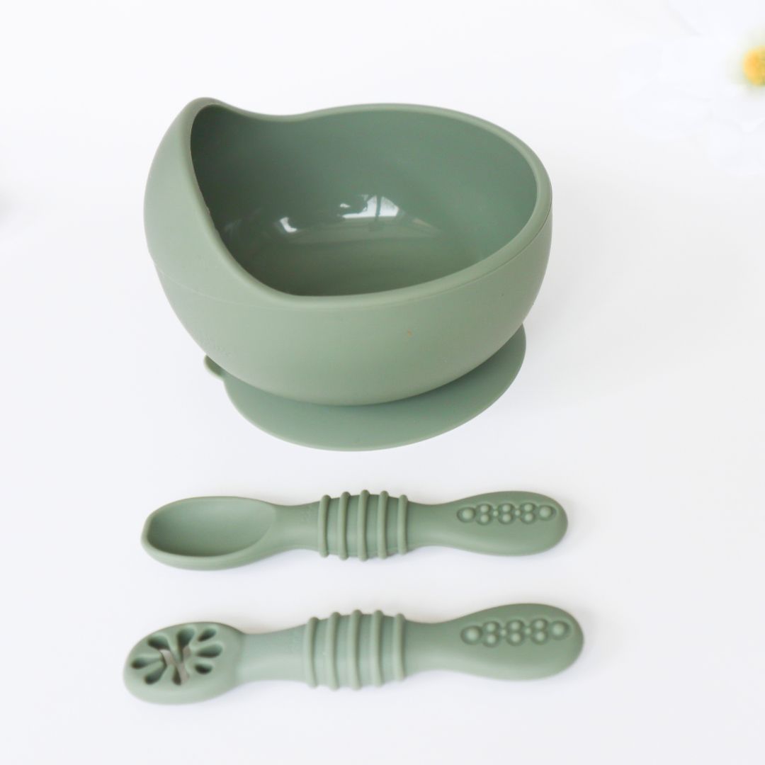 Infant Silverware, Silicone Bowl #color_almond,sage,dusty teal,dusty rose