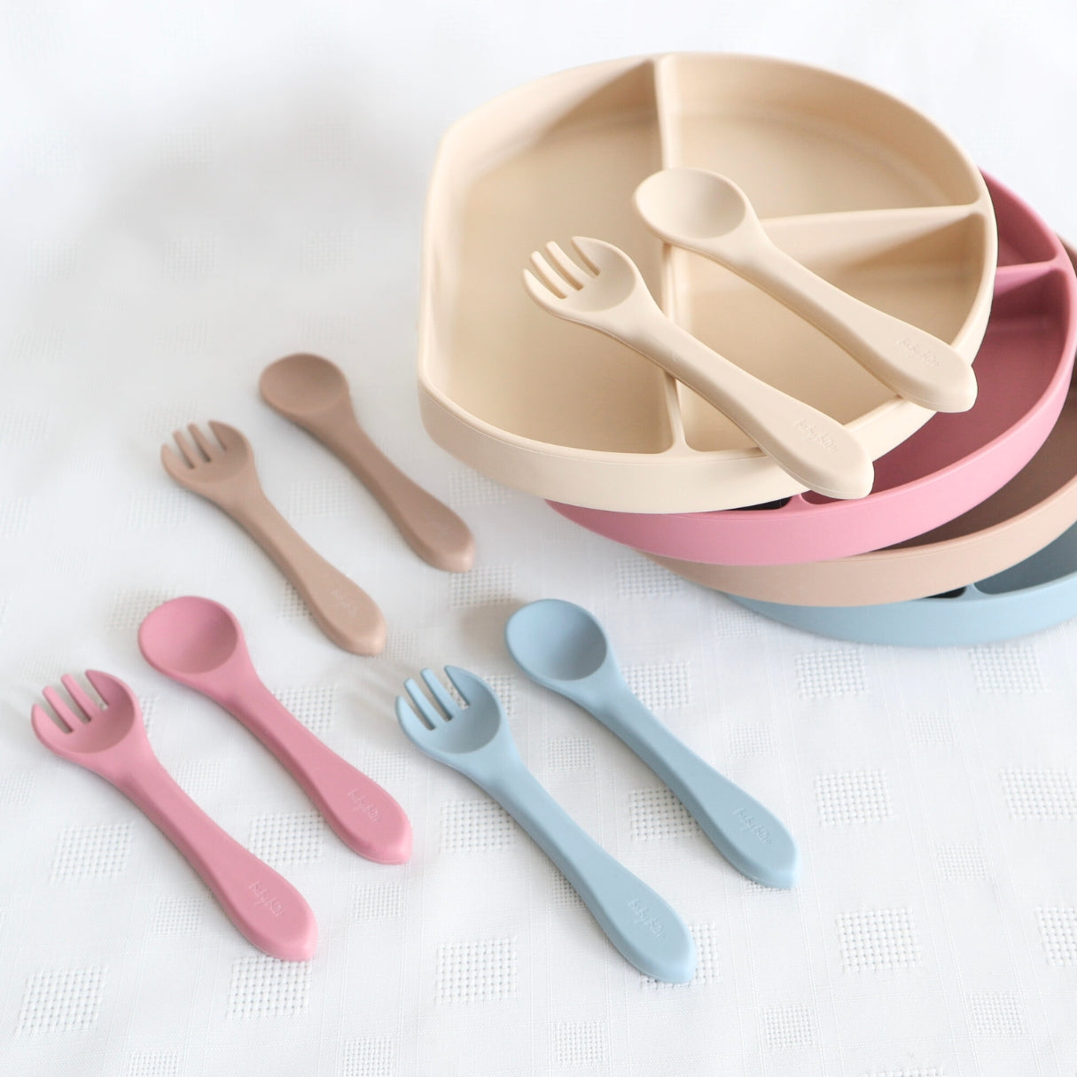 Baby and Toddler Suction Plates, Silicone Spoons #color_caramel,dusty teal,almond,dusty rose,sage