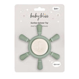 Baby bliss Suction Spinner Toy in sage green and cream, packaged on a light gray card with star illustrations and a 6m+ age indicator.