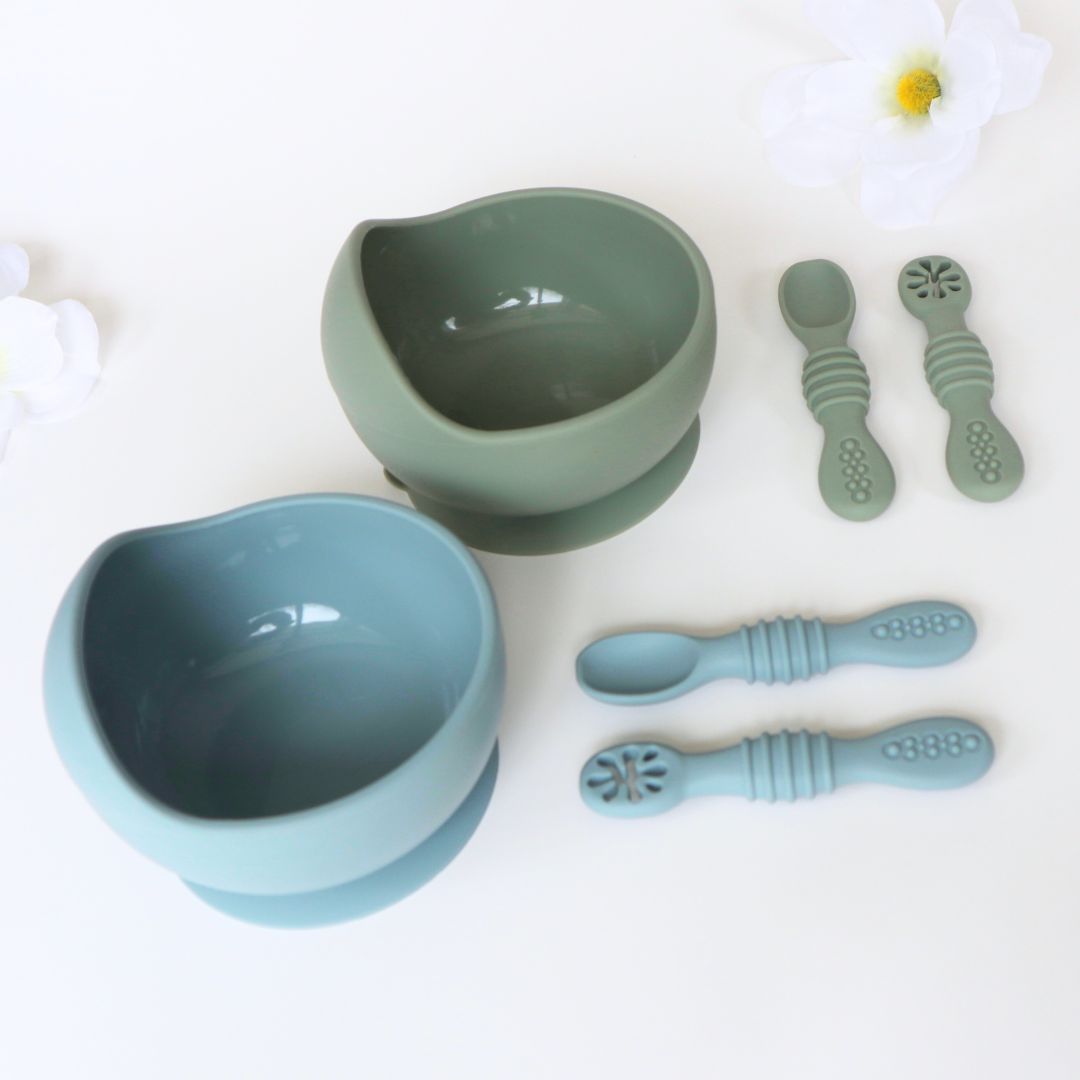 Silicone Bowl, Silicone Spoons, Dusty Teal & Sage #color_dusty teal,sage